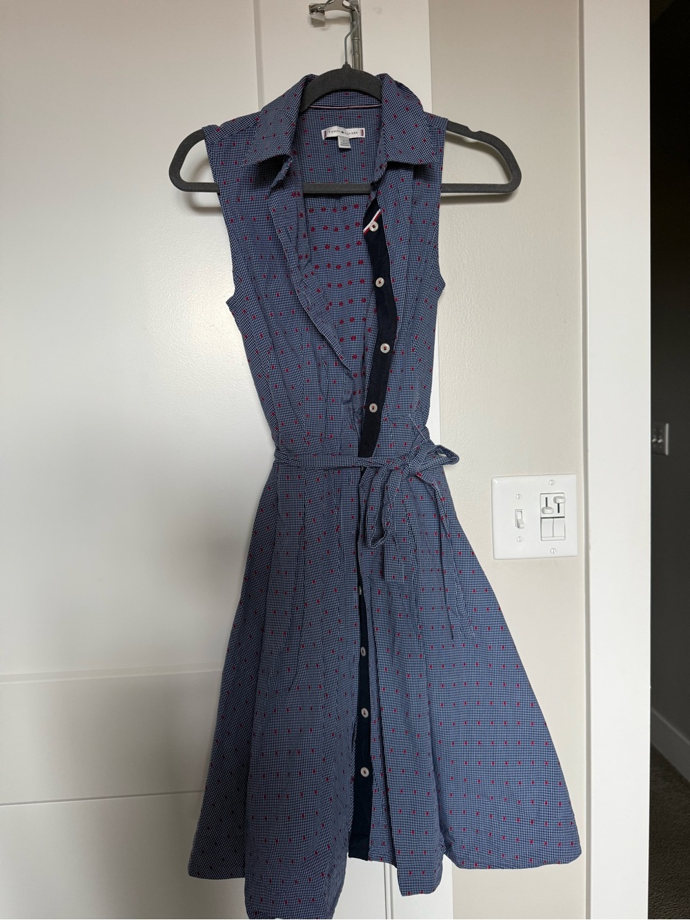 Tommy Hilfiger Sleeveless Navy Blue Shirt Dress with Red Dot Pattern